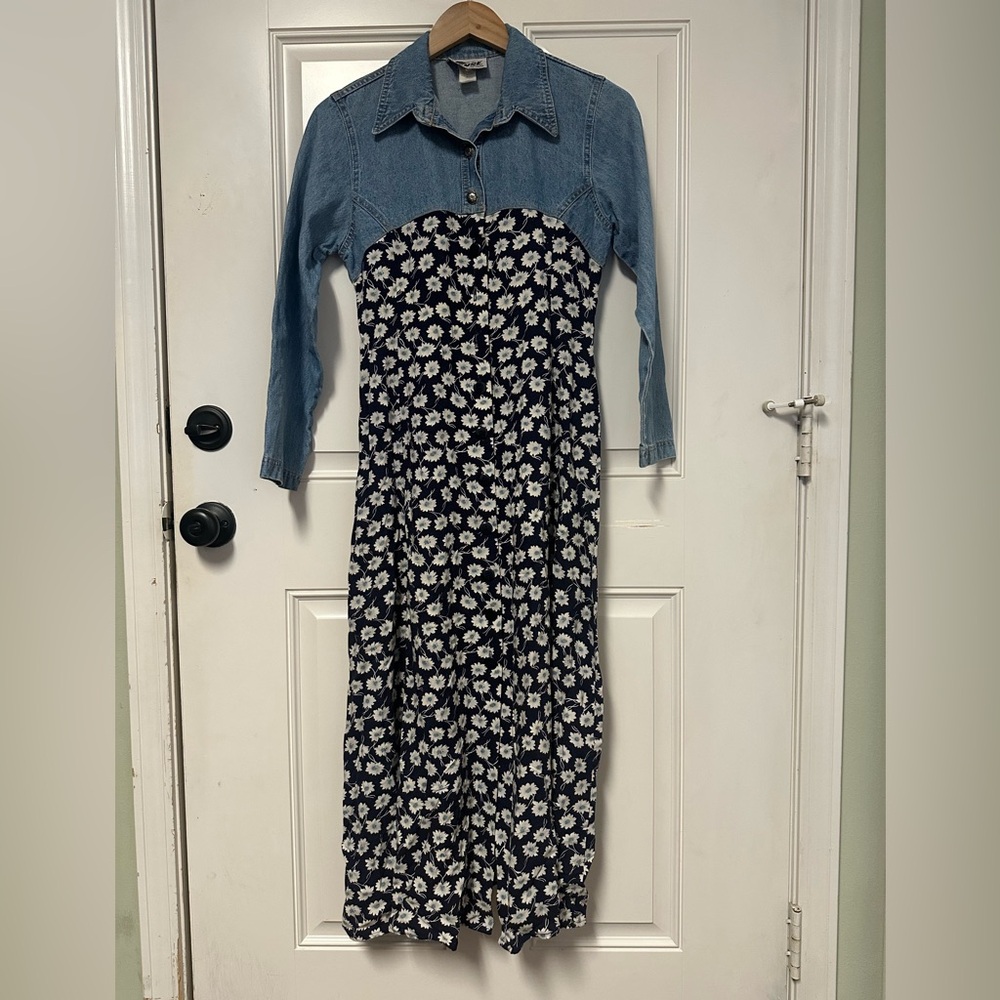 Vintage Sense Y2K Women Denim Top Floral Dress Button Front